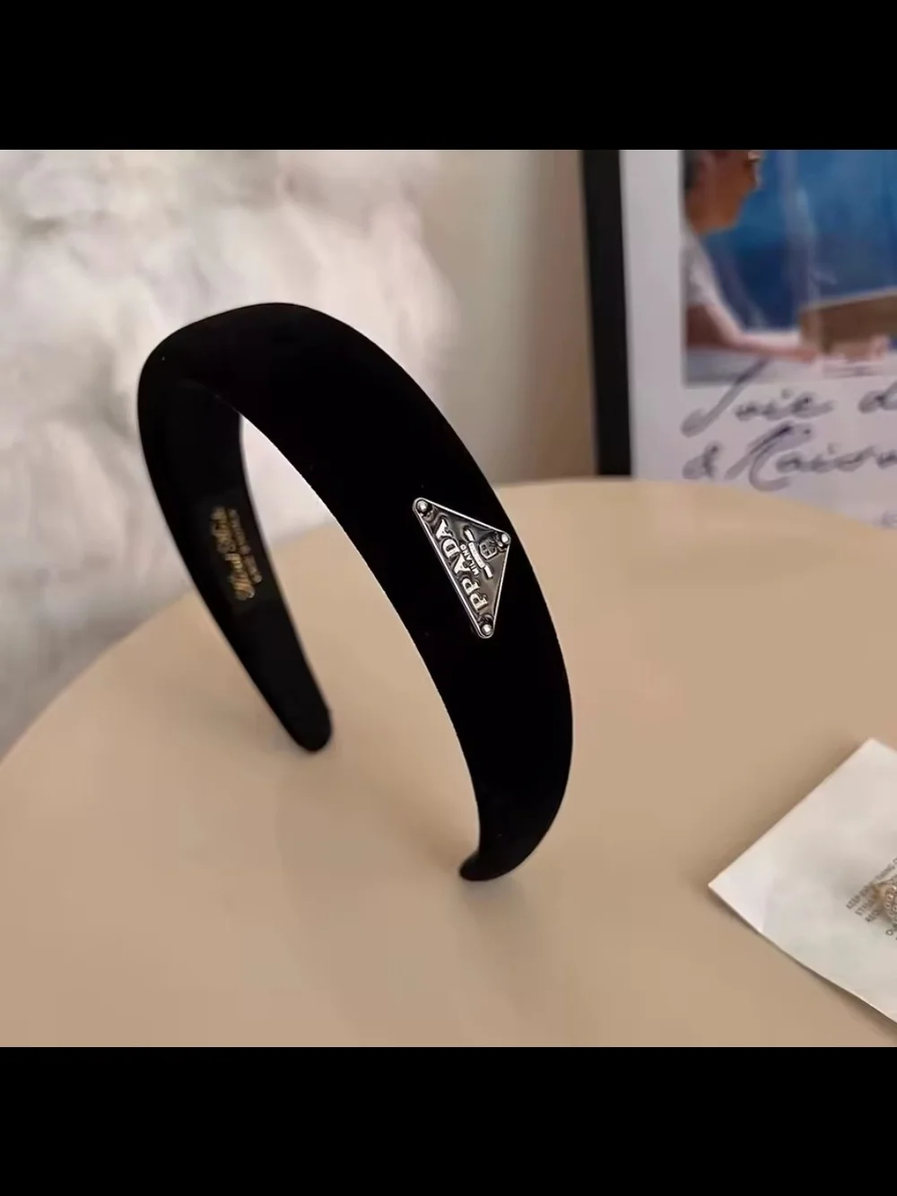 PPada Black Velvet Headband with Silver Triangle Logo
